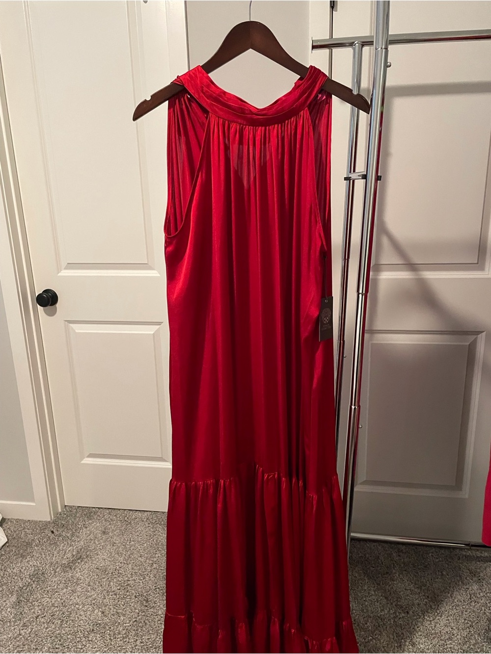 Vince Camuto Red Satin Halter Maxi Dress — Sleeveless Evening Gown